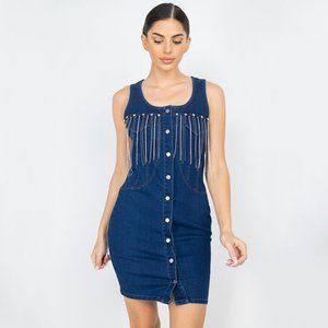 RHINESTONE FRINGE Denim Stretch Sleeveless Jacket Dress